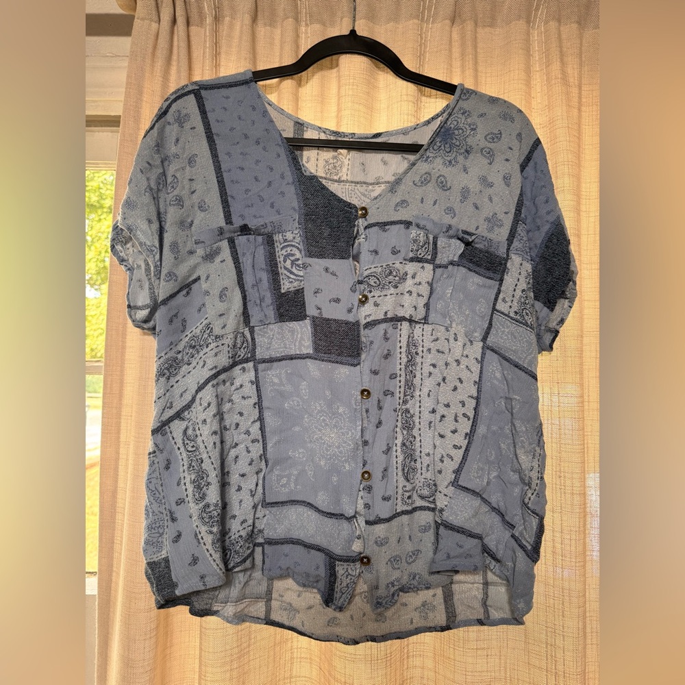 Maurices Blue Patchwork Button-Down Shirt